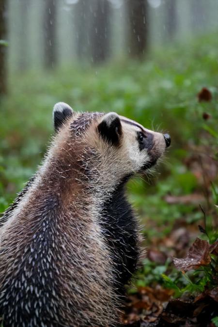 44721-3842578698-a photo shot in the point of view from the back of a Badger's head, pov, close-up on the lower corner, on a rainy dense forrest.jpg